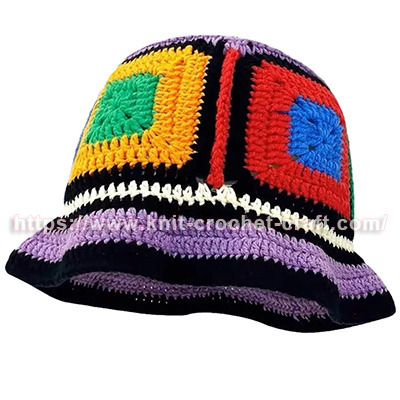 Colorful Handmade Granny Square Crochet Hat - Japanese Style Fisherman Bucket Hat for Women